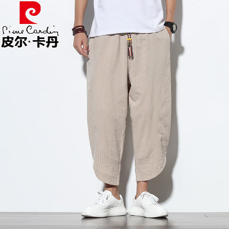 皮爾卡丹（pierre cardin）休閑褲男夏季潮流復(fù)古條紋褲子中國風(fēng)大碼男褲直筒寬松休閑哈倫褲 卡其色 M 90至115斤