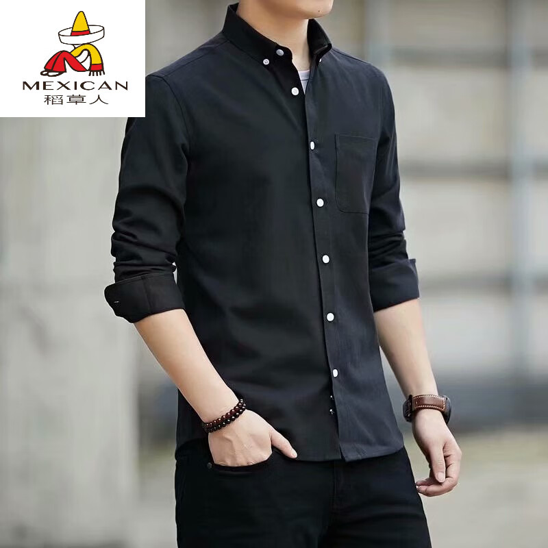 稻草人（MEXICAN）新款長(cháng)袖襯衫男工地上班衣服春秋薄款工作服襯衣防曬休閑外套 961黑色長(cháng)襯衫 M 建議80-95斤