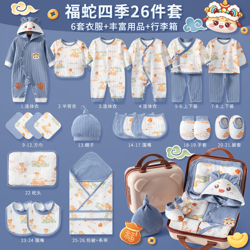 圣菲小象 新生儿衣服纯棉套装 婴儿礼盒初生婴幼儿衣服 春夏秋冬宝宝用品 （皮箱）四季福蛇蓝色26件套 66cm （3-6个月）