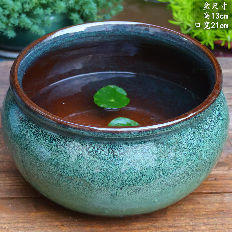 山頭林村手工復(fù)古粗陶無孔花盆陶罐水培創(chuàng)意銅錢草盆水仙花盆碗蓮盆魚缸盆 軍綠色 陶瓷大