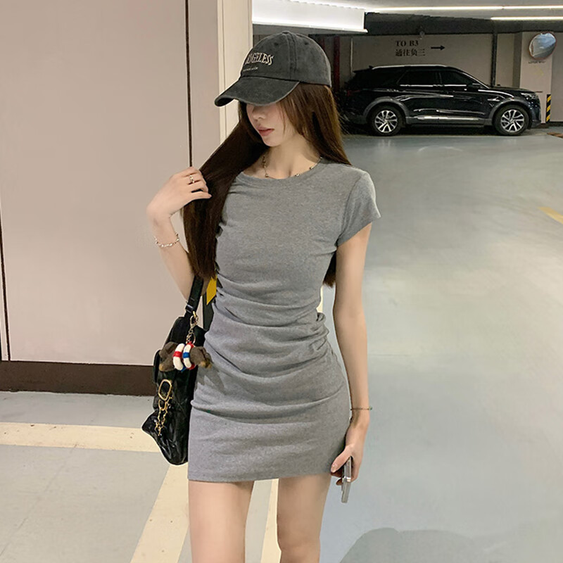 苏韵雅灰色短袖连衣裙女早春装小个子夏季紧身包臀裙褶皱收腰辣妹短裙子 【深灰色】春季流行穿搭/女装/春 S 40/45kg