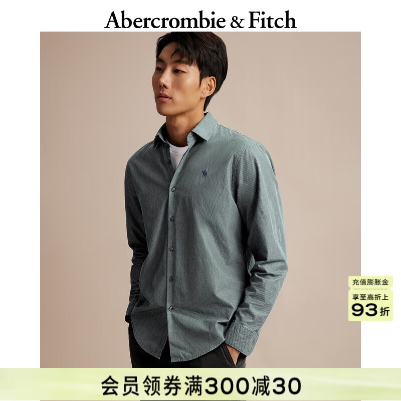 ABERCROMBIE & FITCH男裝女裝情侶裝春秋經(jīng)典小麋鹿美式通勤長袖府綢襯衫KI125-3251 綠色條紋 M 180/100A，【推薦130-140斤】