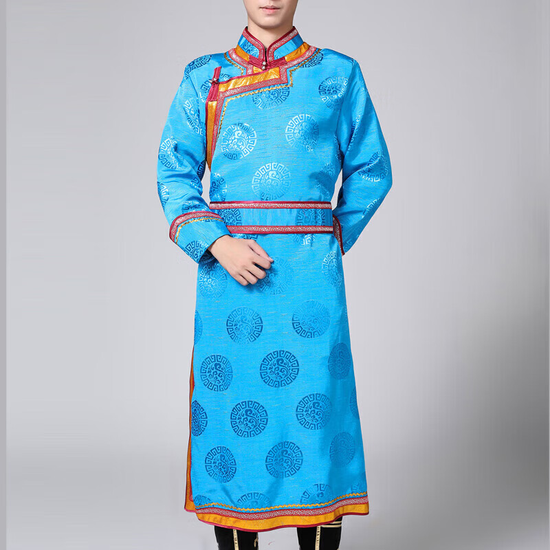 哲漢蒙古戰(zhàn)袍蒙古族服裝男士成人長(zhǎng)款袍日常舞臺(tái)裝民族服飾少數(shù)民族 湖藍(lán)色 均碼 L碼(適合體重170-190斤)