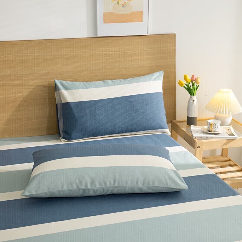 软贝原棉老粗布床单简约格子床单床上用品可水洗老粗布床单 欢乐 120*230cm床单+枕套一只