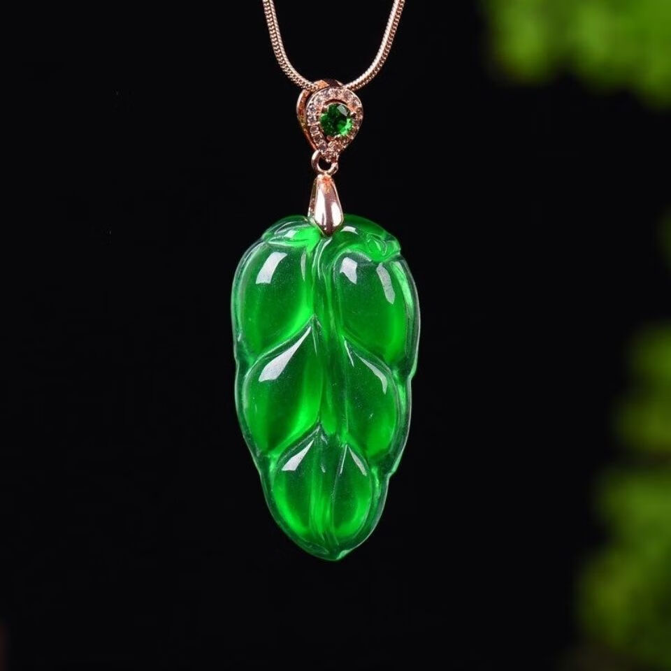 bhiodha高冰高透翡翠吊坠树叶缅甸翡翠玉石吊坠树叶女叶子满绿款 叶子