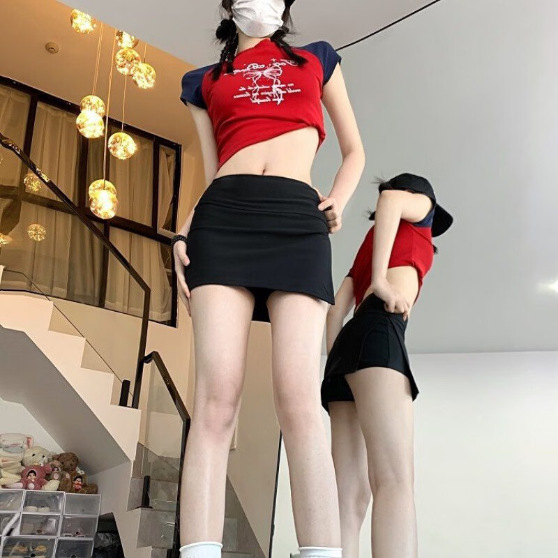 春诗曼Z运动风辣妹侧开叉A字裙半身裙女夏季高腰显瘦防包臀裙裤短 黑色 S 建议85-95斤穿
