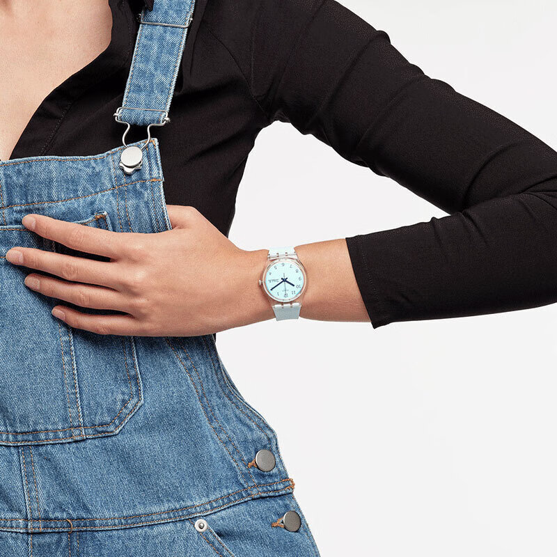 斯沃琪（Swatch）瑞士手表  无尽天蓝生日礼物双日历男女学生石英腕表 天蓝色 34mm