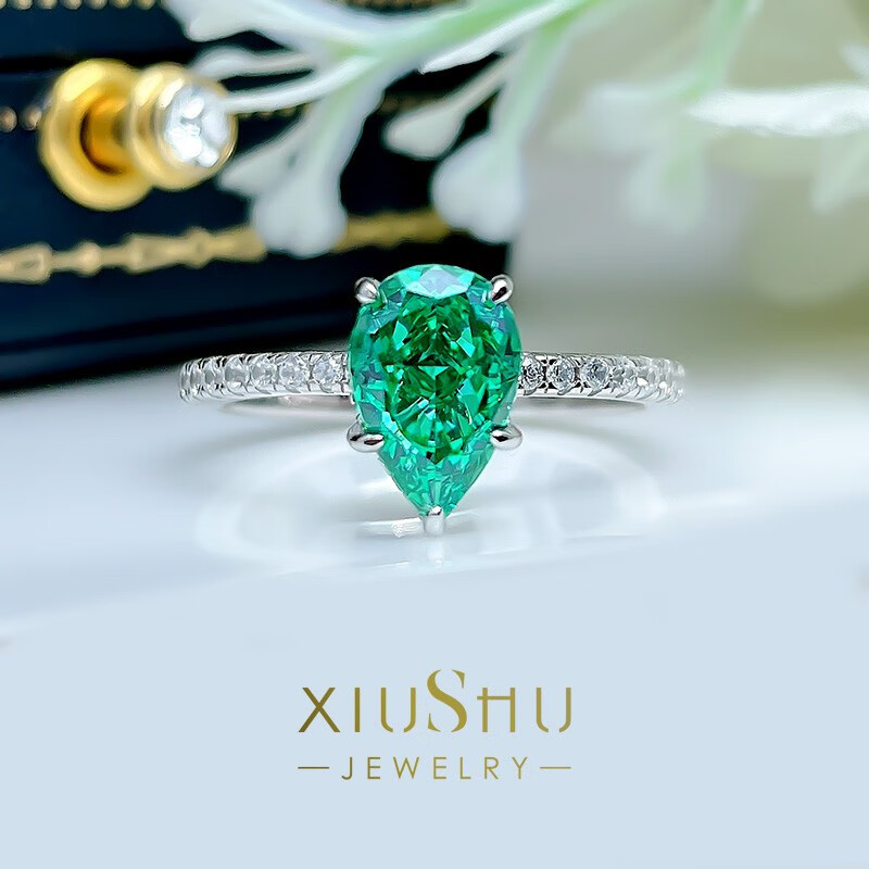 甘夏2克拉人工帕拉伊巴小戒指雷迪恩切水滴梨形彩钻日常细圈925银