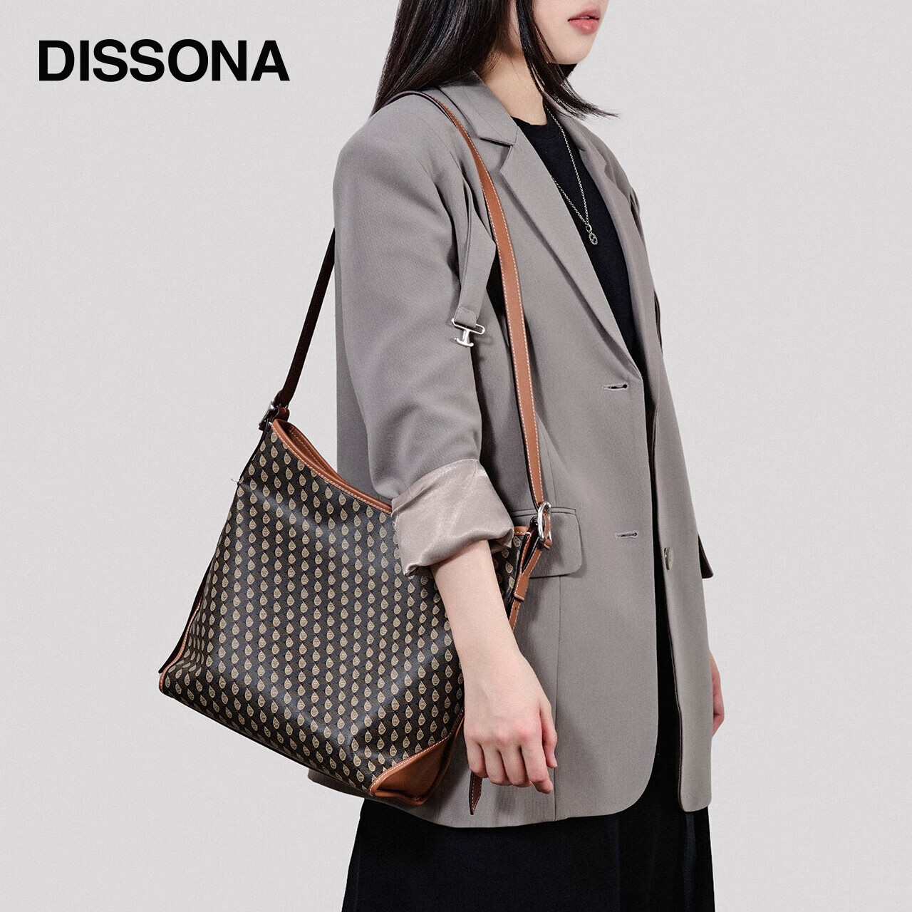 DISSONA迪桑娜女包幸运锦囊水桶包手提单肩包斜挎包老花桶包 棕色