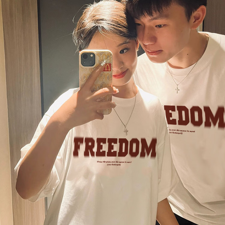 柯诗曼重磅纯棉短袖t恤女男女同款情侣装闺蜜亲子百搭印花打底衫 白色Freedom XL 【125-140斤】