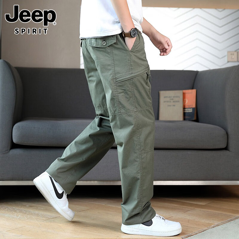 JEEP SPIRIT男士休闲裤新款冲锋运动直筒长裤男春夏季薄款纯棉工装阔腿裤子男 011军绿 XL 推荐【121-140斤】