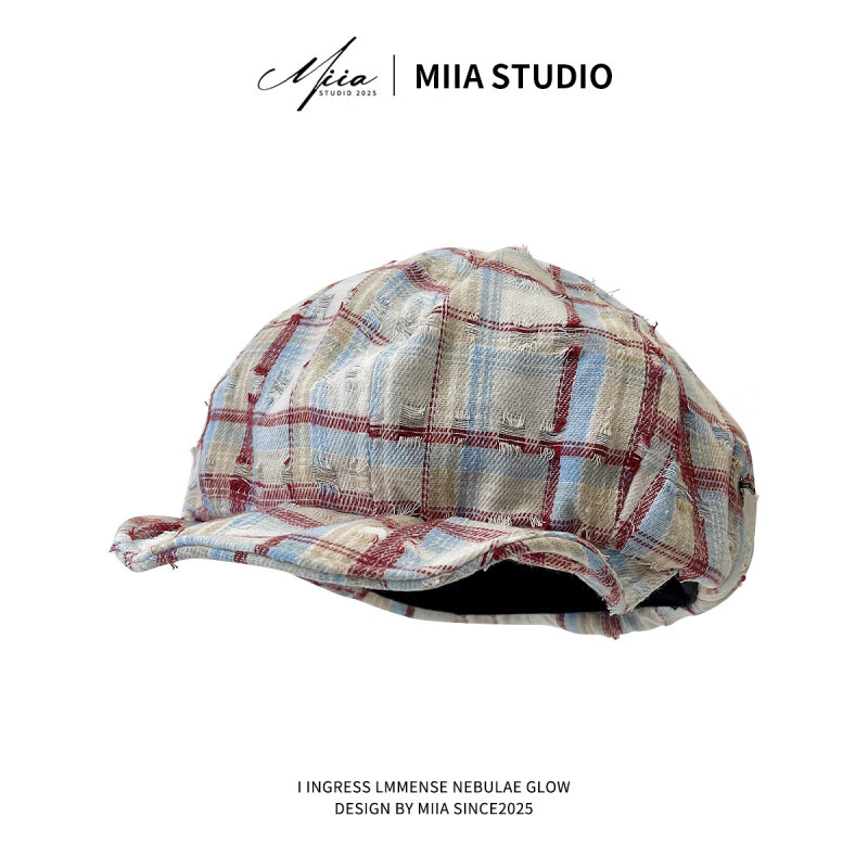 琉鳳Miia shop韓系復古破洞格紋星星云朵貝雷帽春夏季報童帽百搭顯臉 紅藍格子 M (56-58cm)