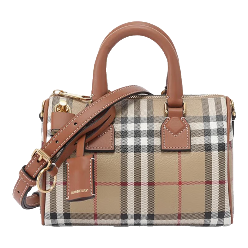 博柏利（BURBERRY）新品 女士迷你格纹保龄球包手提单肩斜挎包女包礼物女 8092130 野玫瑰棕