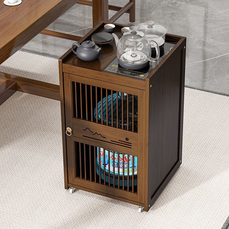中式移动茶水柜家用小茶台茶桌边柜客厅带轮茶几烧水壶一体置物架 旭日东升无盖款