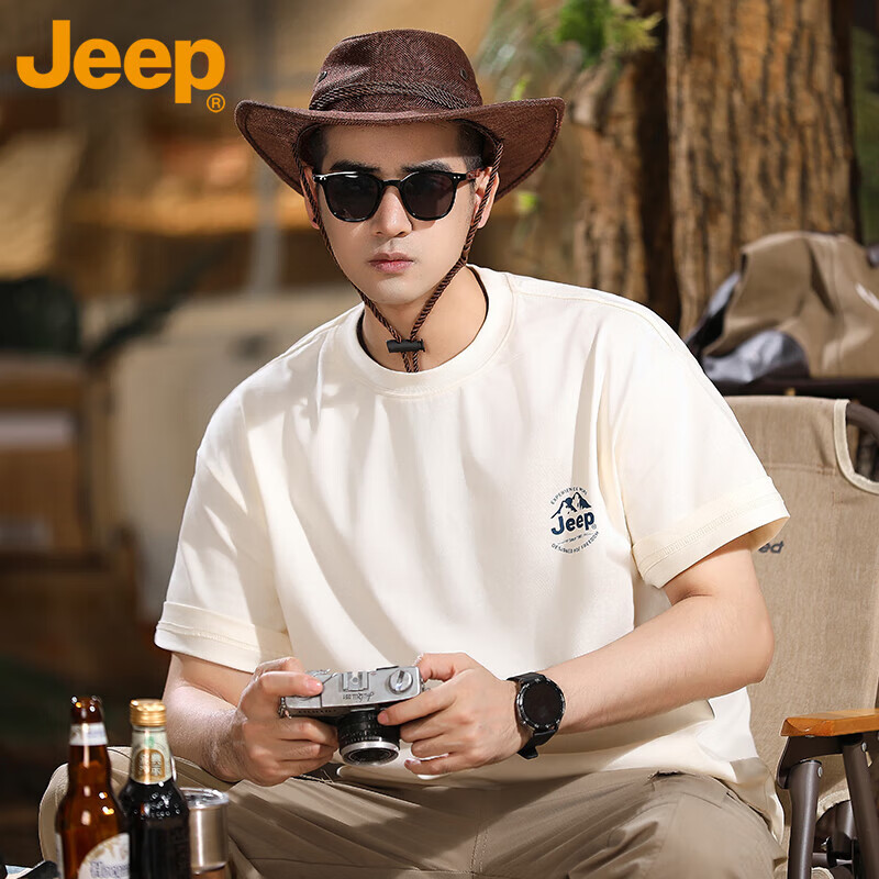 吉普(JEEP)美国正品Jeep高端圆领短袖t恤男款夏季2025新款纯棉半袖款打底衫 白色 【专柜正品】 3XL 170-185斤