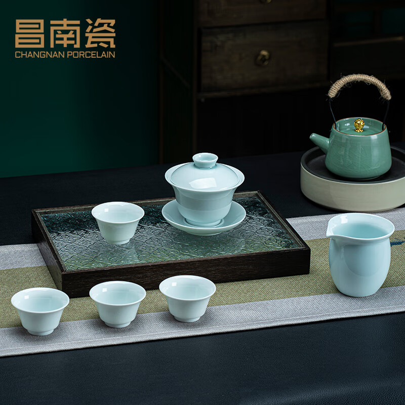昌南 景德镇功夫陶瓷茶具玉瓷套装家用简约盖碗公道杯品茗杯整套6件套