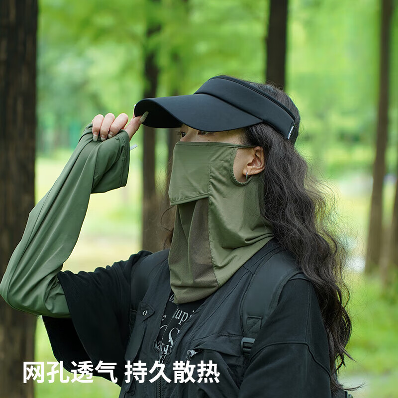 SMVP防晒面罩女夏季遮全脸冰丝护颈脖子遮阳口罩骑行开车透气 军绿色 均码
