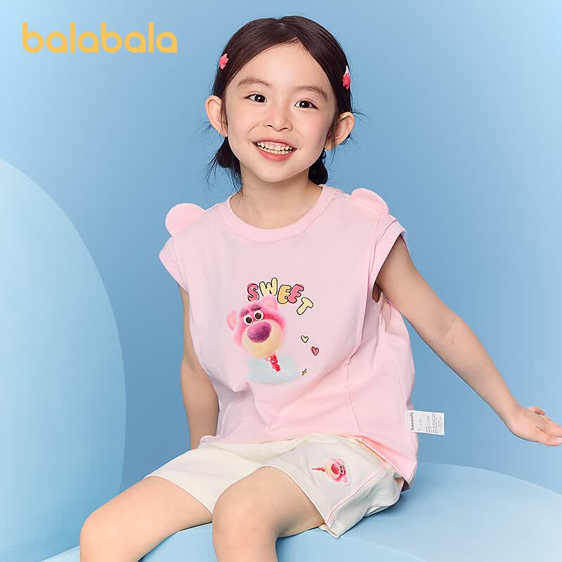 巴拉巴拉儿童短袖套装纯棉两件套男女童装2025夏新款 梦幻粉60359 110