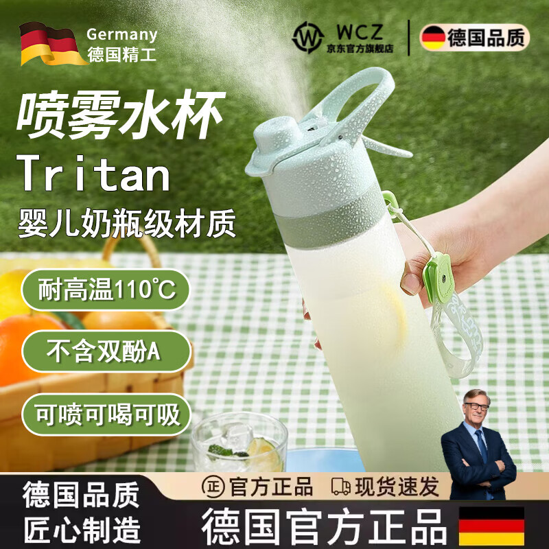 WCZ德國tritan噴霧水杯兒童上學(xué)專用大容量噴水壺夏季戶外運動男生 薄荷綠【Tritan健康材質(zhì)-超 650ml