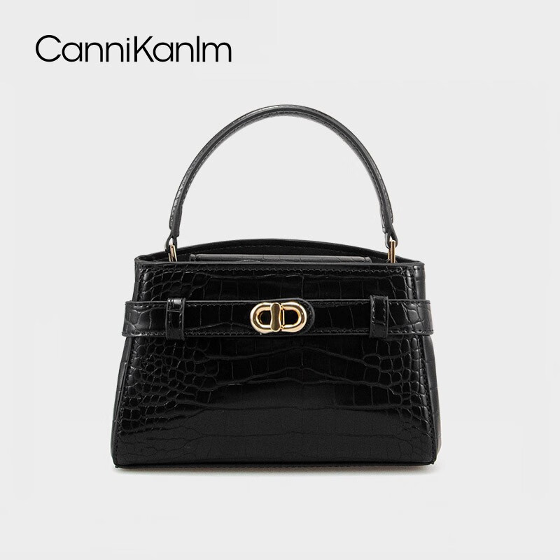 CANNIKANLM官方正品鳄鱼纹手提凯莉包女2025新款高级质感通勤单肩斜挎包 黑色（鳄鱼纹）