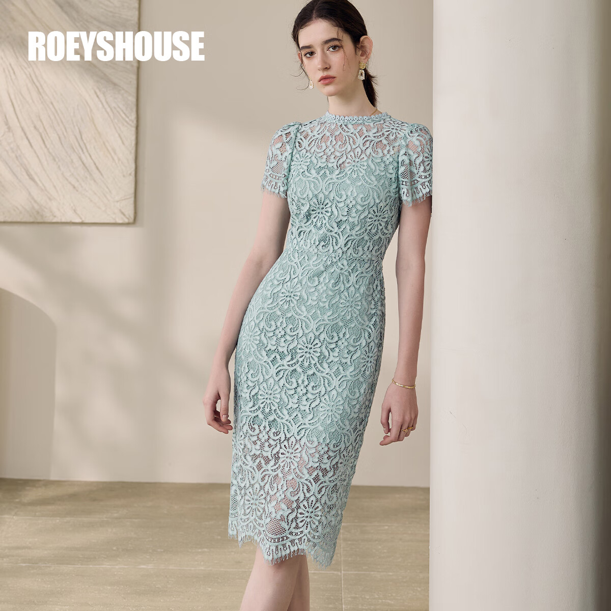 ROEYSHOUSE罗衣法式泡泡袖蕾丝连衣裙2025夏季新款气质浅绿色修身裙子12053 浅绿色 L