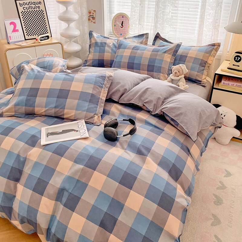 羽匠加厚磨毛小清新印花四件套学生宿舍套件家用床单柔软四件套秋冬季 千趣格 床单款 三件套（被套150*200cm）