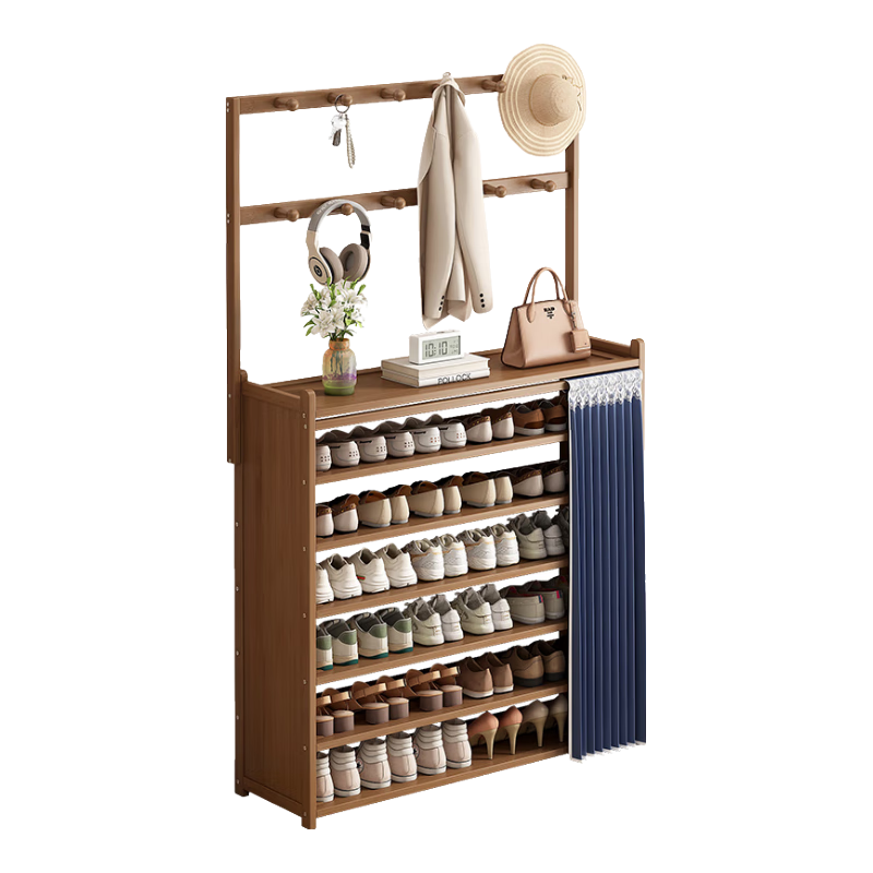 竹藝佳出租屋用鞋架收納神器簡(jiǎn)易多層家用小型入戶門(mén)多功能衣帽架一體架 茶色白簾-掛衣款5層80