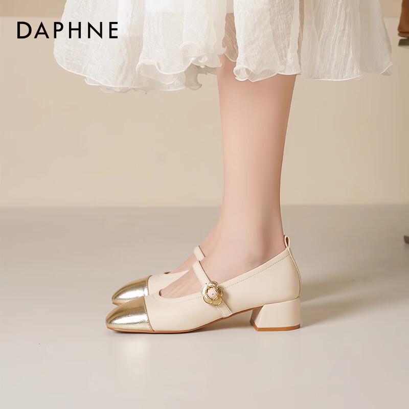 达芙妮玛丽珍女鞋2026春季新款气质花朵新中式拼色单鞋女粗跟高跟鞋JL 米金色【花朵搭扣】 跟高3.8cm 37