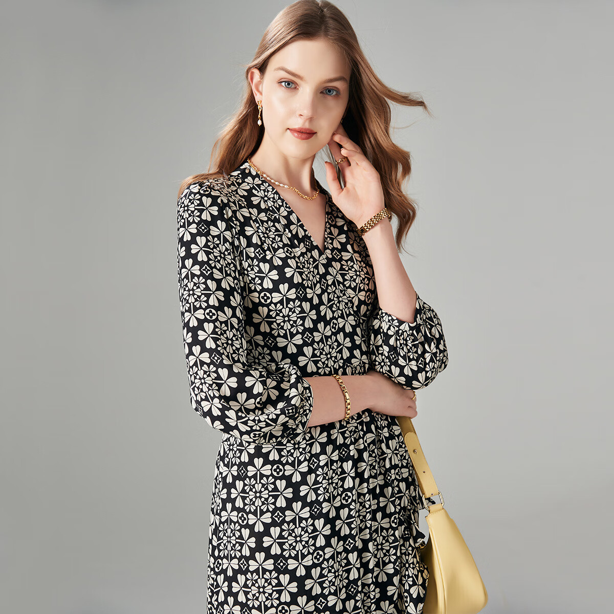 帕罗（PALUOPO）夏真丝碎花法式连衣裙桑蚕丝女士五分袖收腰中长裙 黑色 L (165/88A)