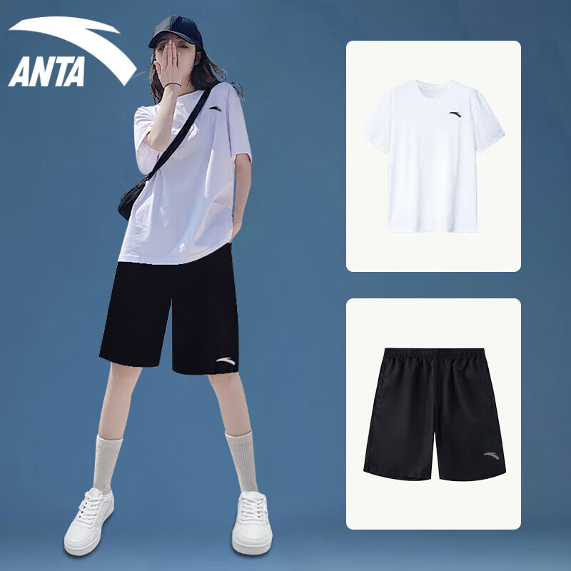 安踏（ANTA）运动套装女冰丝速干T恤短裤女士夏季薄短袖跑步健身运动服体考女 白黑-速干套装 M