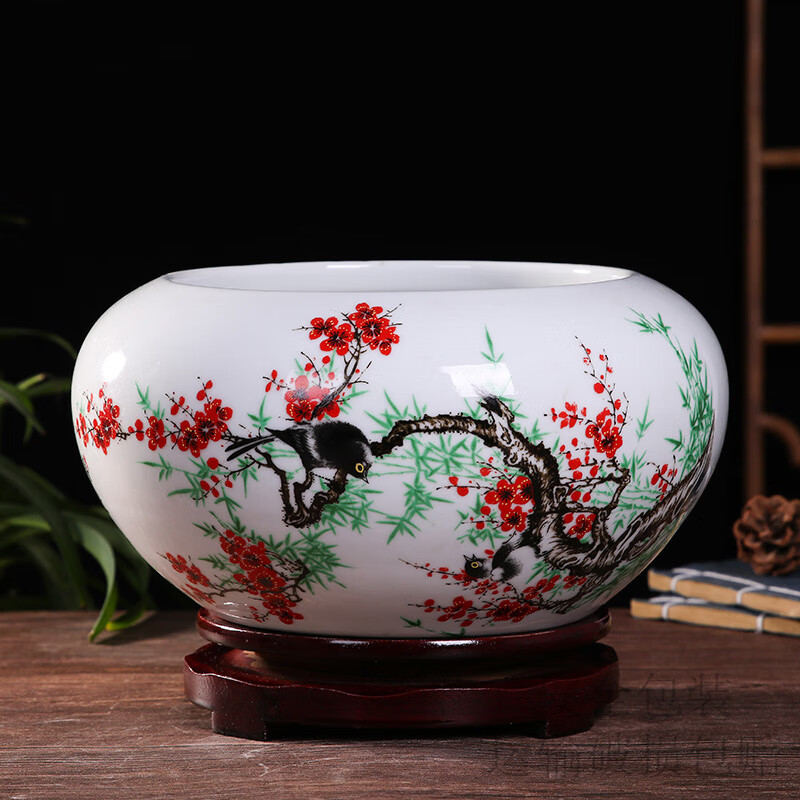 希格鲨景德镇陶瓷鱼缸小号金鱼乌龟缸睡莲碗莲花盆笔洗养鱼盆家用水浅 水点桃花中号 (不带底座)