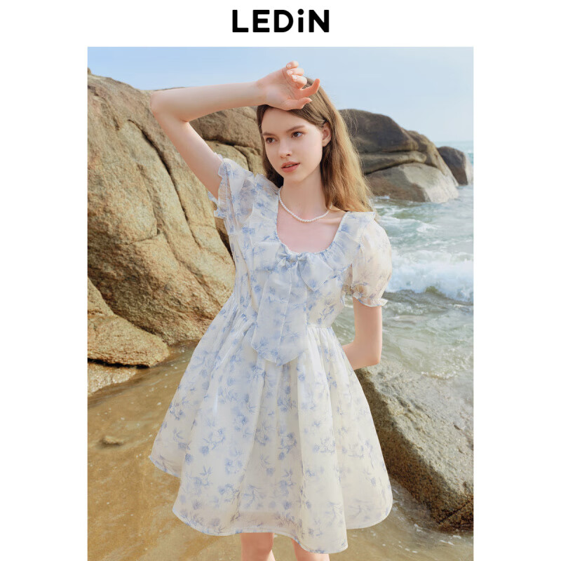 樂町流光裙年夏季新款出街打卡連衣裙花邊蝴蝶結(jié)高腰蓬蓬裙 藍印花() 160 XS