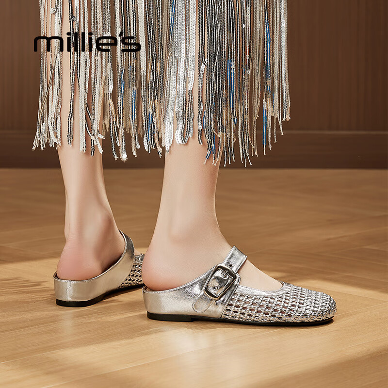 妙丽穆勒鞋女低跟镂空外穿包头时尚2025夏季新款百搭休闲时尚半拖鞋 银色 38 (240mm) 标准码
