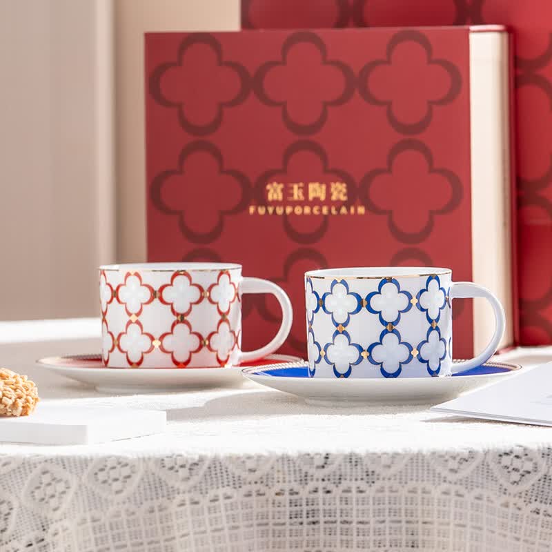富玉陶瓷咖啡杯碟高级感轻奢高颜值下午茶礼盒装送闺蜜情侣礼物景德镇 璀璨时光咖啡对杯+碟【红+蓝】