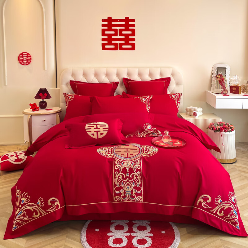 結(jié)婚四件套中式龍鳳刺繡大紅色婚慶四件套新婚陪嫁純棉六件床單 新婚富貴 四件套1.8床笠款四件套