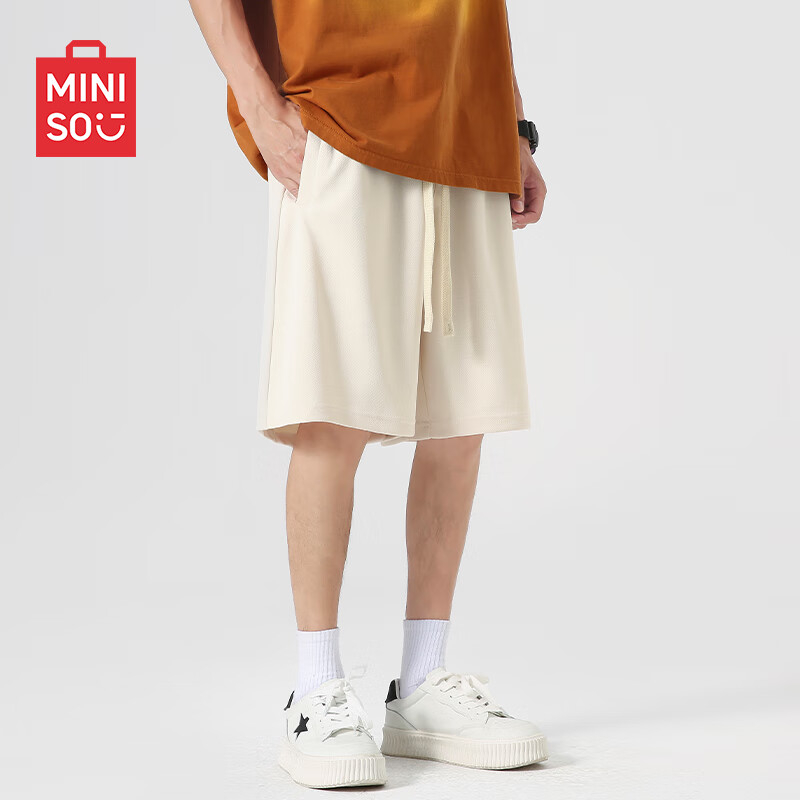 名创优品（MINISO）男士五分裤2025夏季新款重磅潮牌休闲百搭裤子运动直筒短裤男 浅米(空白) 2XL /185(体重160-180斤左右)