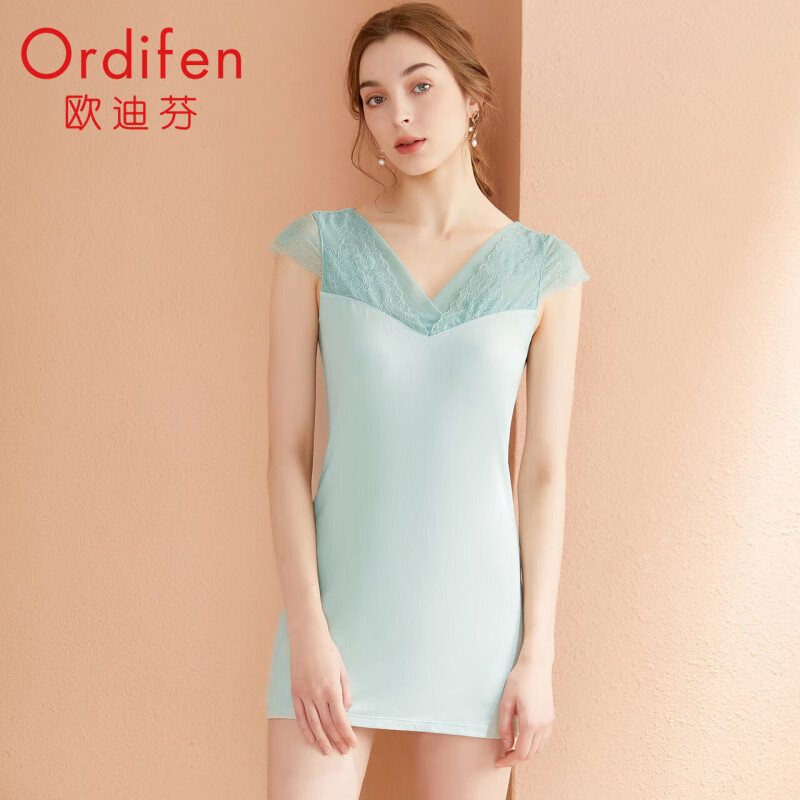 欧迪芬(Ordifen)秋冬女60S罗纹莫代尔亲肤透气蕾丝V领短裙XH1212 清灰绿 M 京东折扣/优惠券