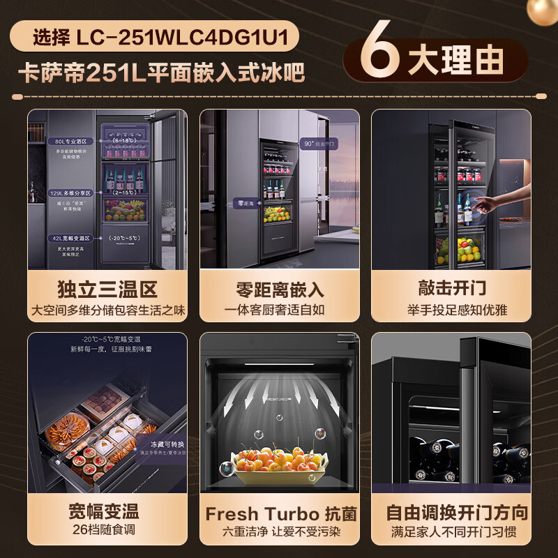 卡萨帝(Casarte)家用客厅办公室别墅台式/零嵌全嵌入冰吧风冷无霜高端红酒柜冷藏柜饮料茶叶水果母婴美妆保鲜冰箱 曜石黑 | 三温区 | 零嵌 | 左右换门 | 敲击开门 251升