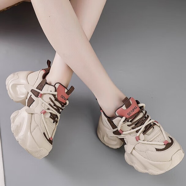 森馬女鞋秋季厚底老爹鞋女2025新款透气网面休闲鞋百搭增高运动鞋女 w574杏咖 37 (235mm)