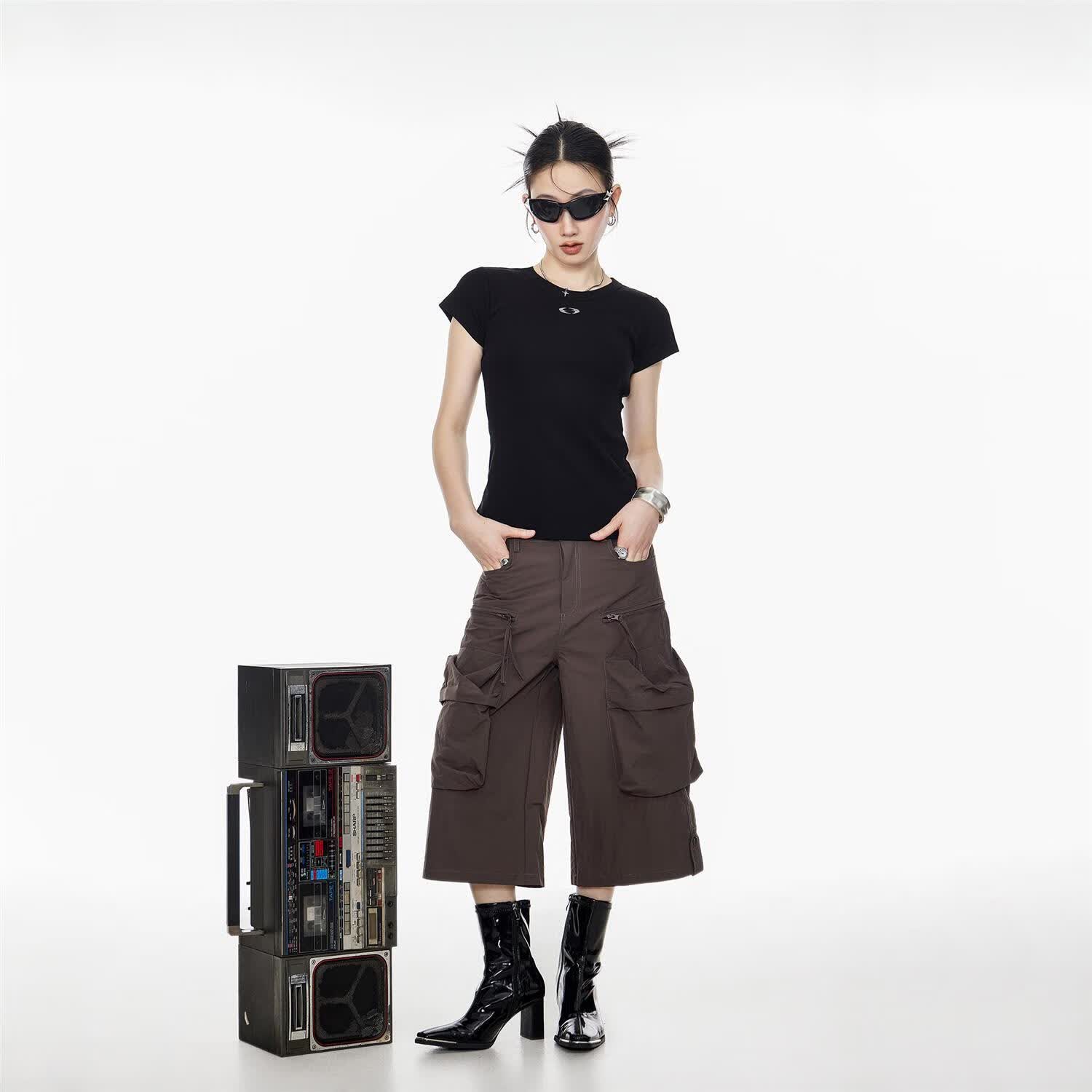 ICH MODE夏季修身短袖T恤女2025新款流行百搭正肩上衣内搭打底衫男 黑色 L