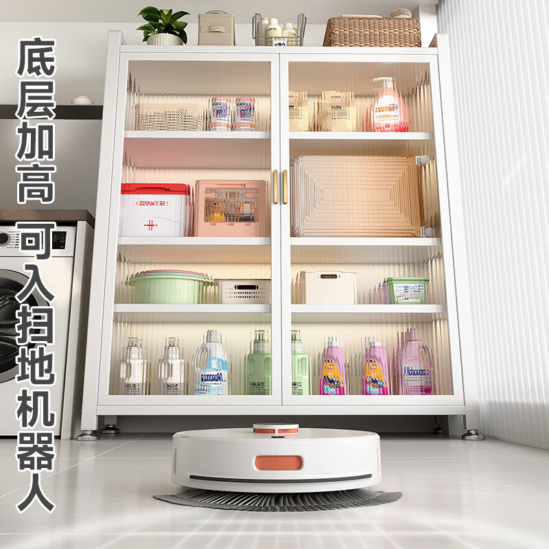 美厨物语厨房置物架落地餐边柜多层收纳柜储物柜橱柜碗柜微波炉烤箱用具架 白【双开门】6层*60长/层高可调