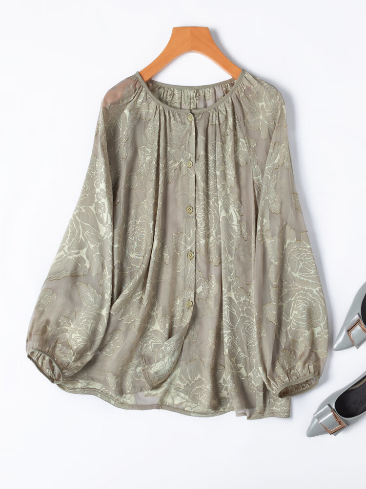 菲奢兰真丝防晒衣女唯美真丝剪花绡插肩长袖灯笼袖宽松衬衫开衫防晒