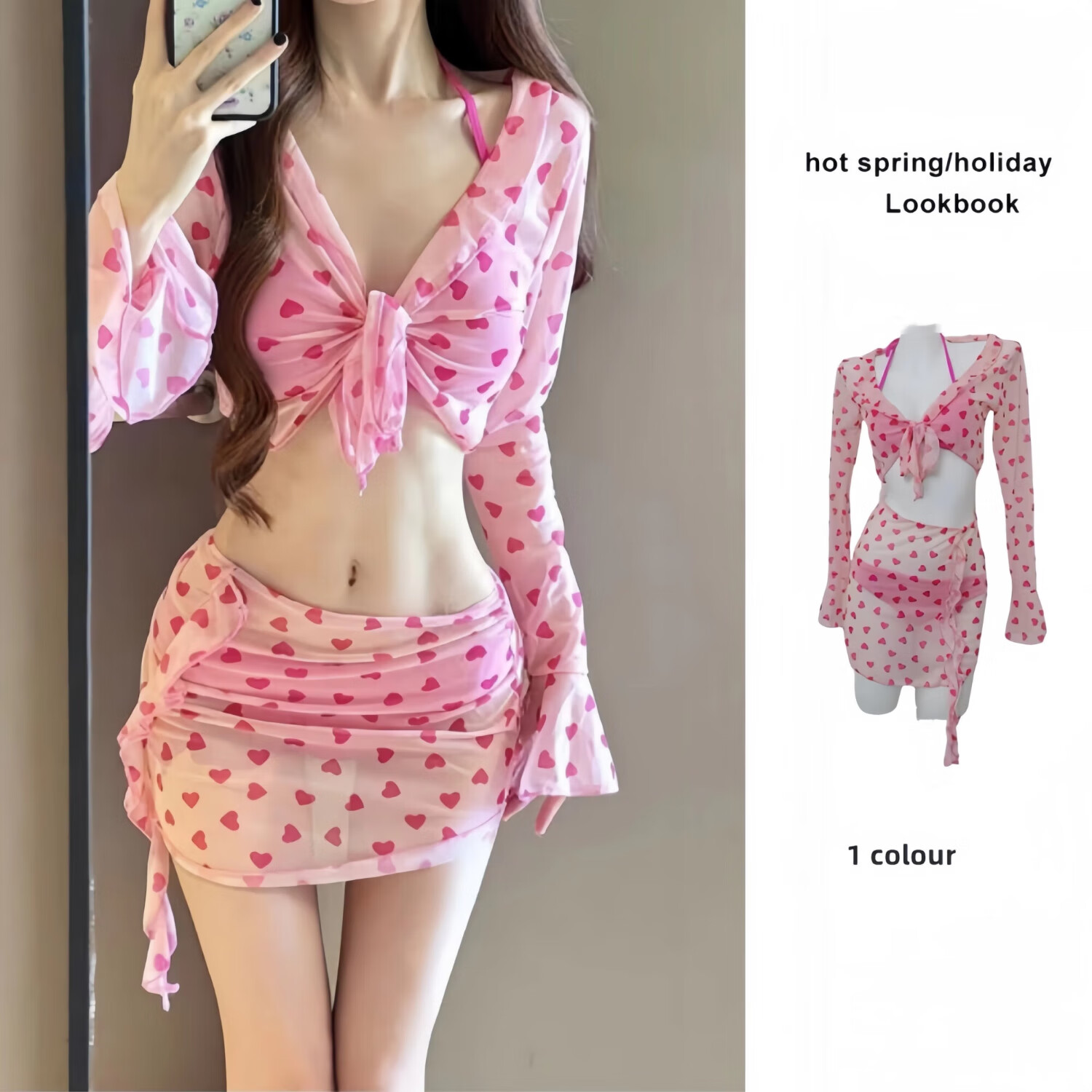 栢启歆泳衣女2025新款显白少女分体比基尼四件套绑带裙式温泉度假纯欲风 粉色爱心四件套 XL 【建议108-120斤】