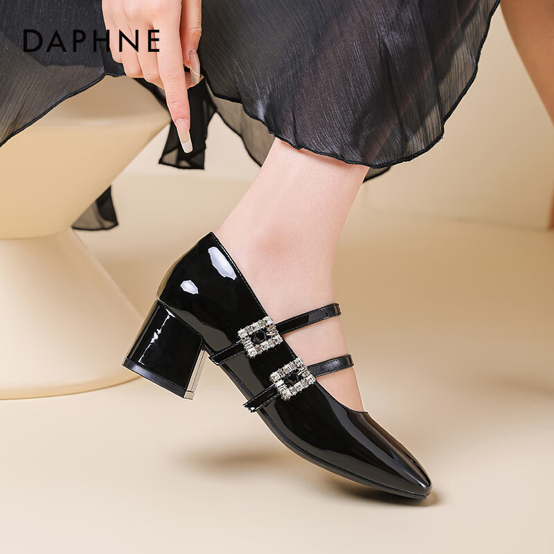 达芙妮玛丽珍女鞋2026春季新款粗跟方头高跟鞋女复古浅口皮鞋单鞋女ZJ 黑色【4.5cm粗跟】 40