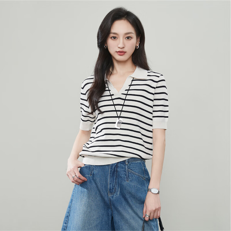 逸陽條紋polo領(lǐng)涼感t恤女2025春夏新款小香風(fēng)通勤針織衫短袖上衣 條紋 L
