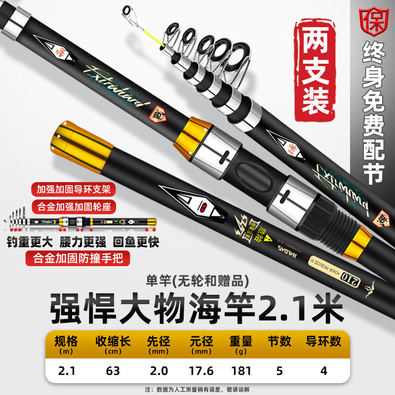 硬漢王新款特海竿套裝全套超硬海桿遠投裸竿拋竿甩桿組合釣魚竿漁具桿 2.1m 【兩支】超輕硬遠投單竿