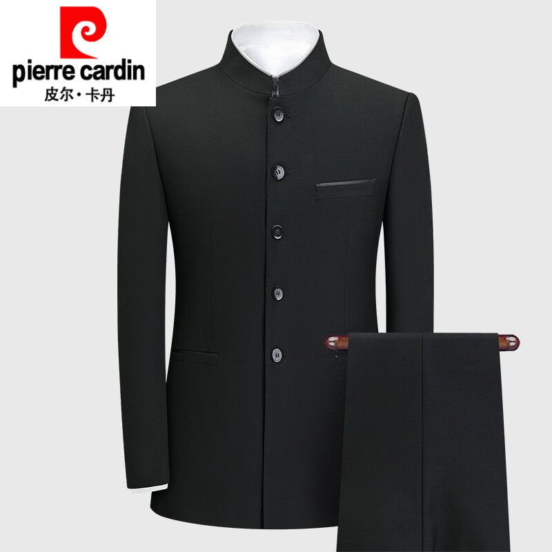 皮爾卡丹（pierre cardin）高端男士中國風(fēng)立領(lǐng)西服男士中山裝套裝中年唐裝休閑大碼中式禮服 HD5392197黑色內(nèi)挖口袋 上衣+褲 170A