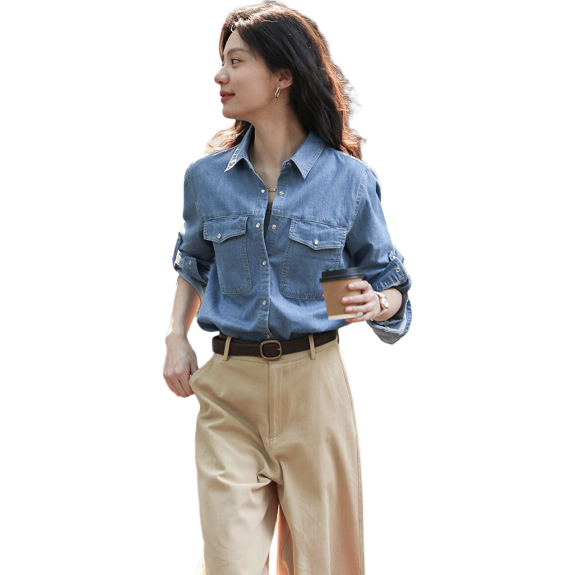 德瑪納復(fù)古水洗色春秋季女裝時尚高級感牛仔襯衫女式疊穿打底上衣襯衫