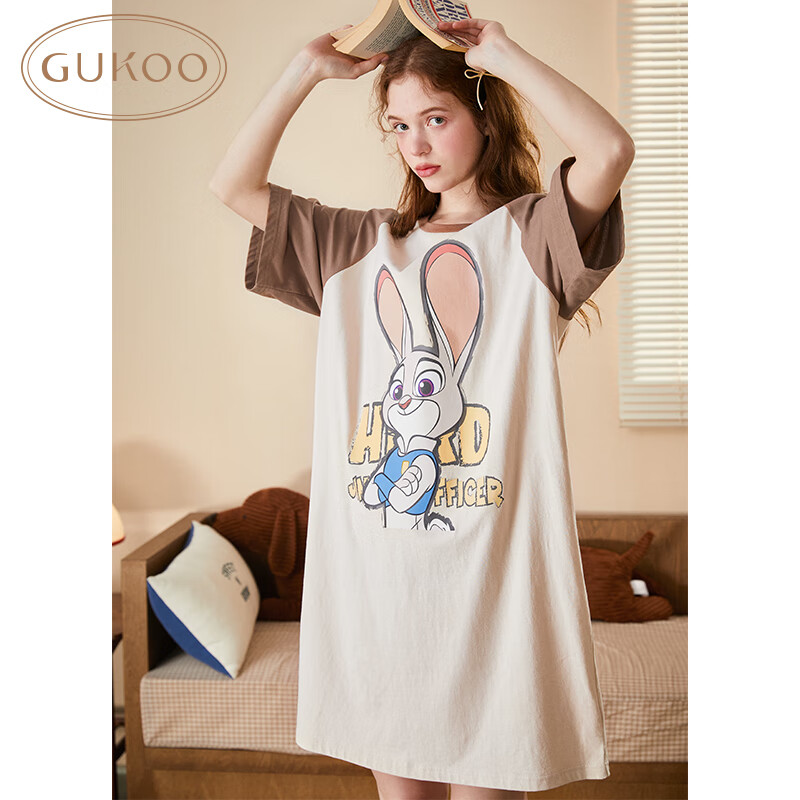 果壳（Gukoo）疯狂动物城睡衣女夏兔子睡裙大码宽松可外穿家居服 核桃卡  M 