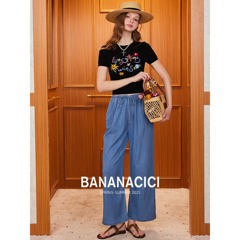 banana cici2025年夏季新款原创胜利花刺绣100%莱赛尔短袖针织衫C252MY624 黑色 XL